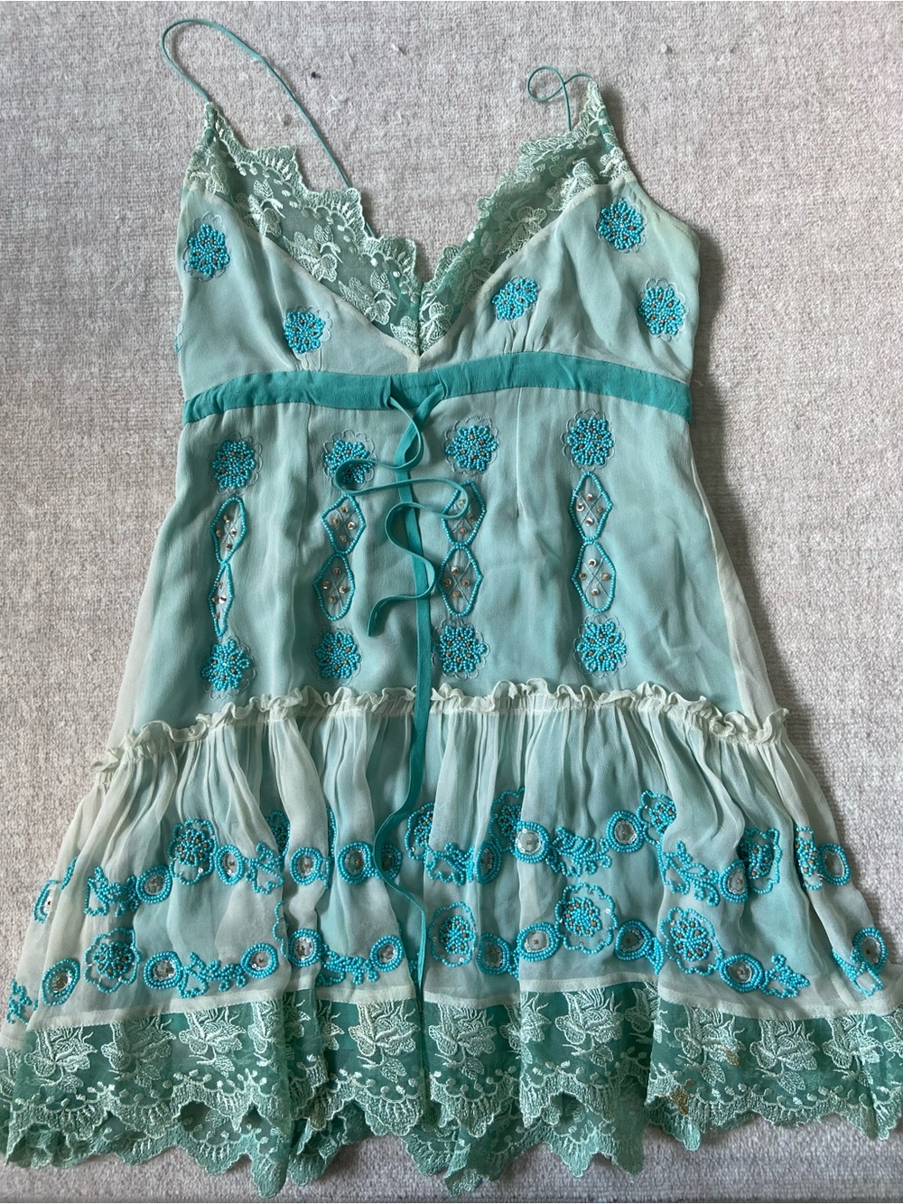 Tracy Reese Mint and Teal Lace-Trim Mini Dress RARE Vintage Beading 100% Silk
